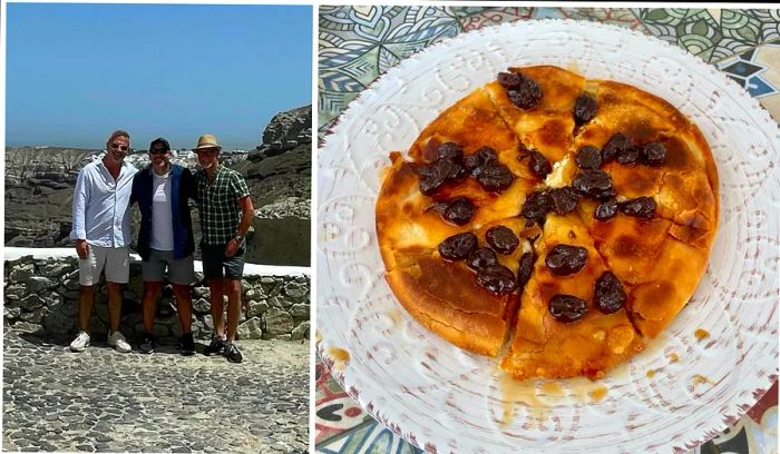 Chris enjoying time with friends in Santorini while sampling local cuisine