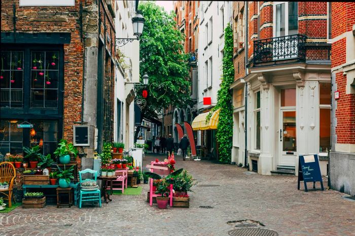 Charming old street featuring a flower shop in the historic city center