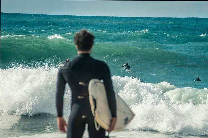 The back of a surfer gripping their board, gazing out at fellow surfers riding in on massive waves