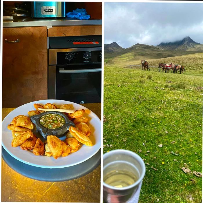 Left: a plate of homemade empanadas; right: a cup of tea enjoyed during a horseback ride