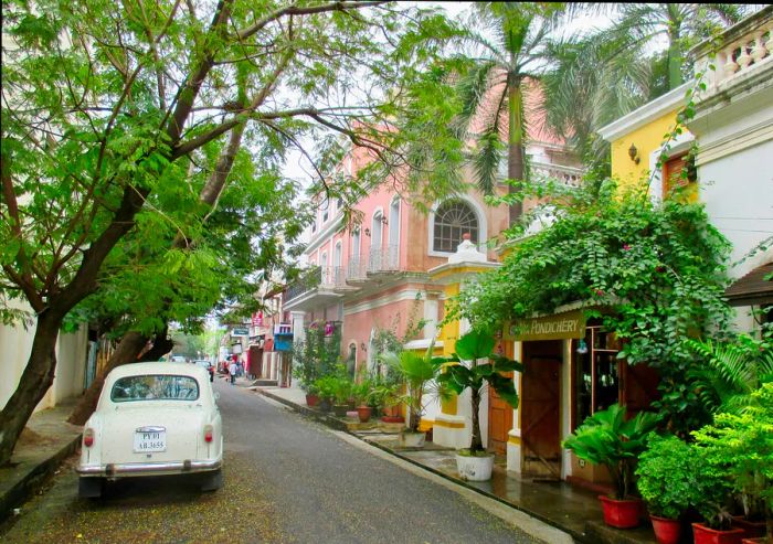 Historic buildings in Pondicherry's White Town, India