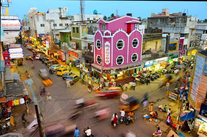 Aerial view of bustling streets at dusk in Pondicherry's new town, India