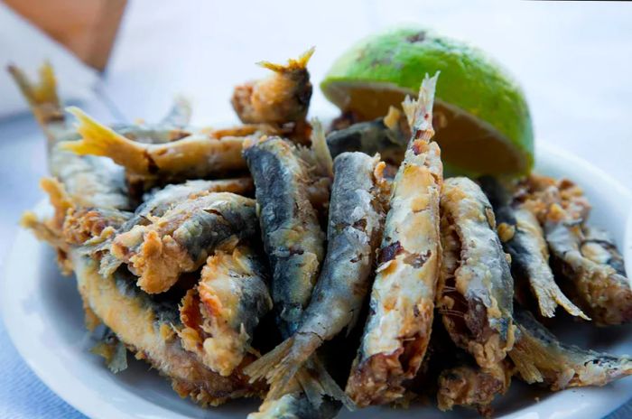 Fried sardines served at a taverna