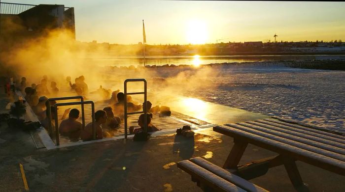 Nautholsvik geothermal beach in Reykjavik during winter