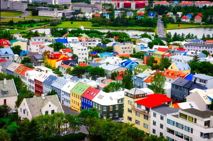 Aerial view of Reykjavík showcasing its colorful houses, Iceland