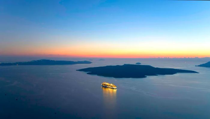 The caldera at dusk, Fira, Santorini, Greece