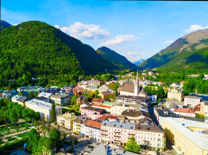 Aerial view of Bad Ischl, a spa town nestled in the heart of the Salzkammergut region.