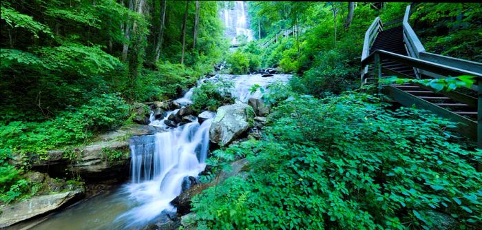 A creek cascades down a hillside alongside a wooden staircase in Amicalola Falls State Park