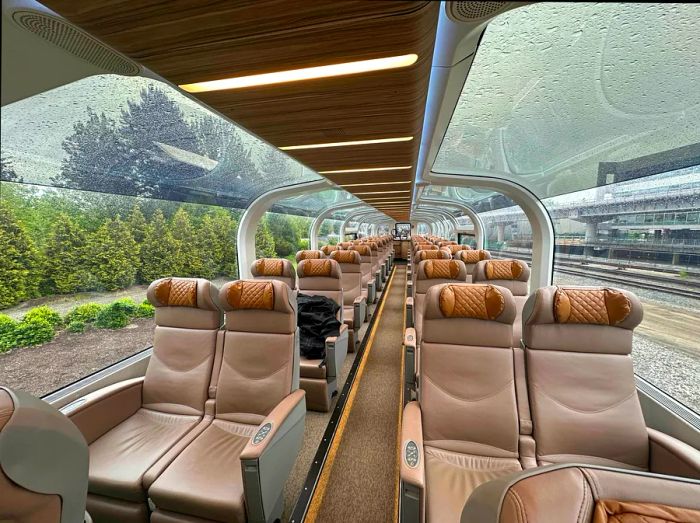 Rows of unoccupied seats in a train carriage featuring a glass roof that offers the ultimate view of the mountainous landscape