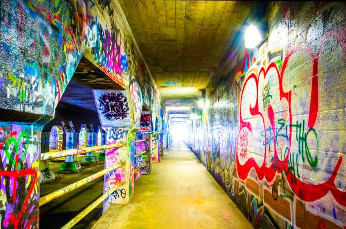 Graffiti adorns the walls inside the Krog Street Tunnel in Atlanta.