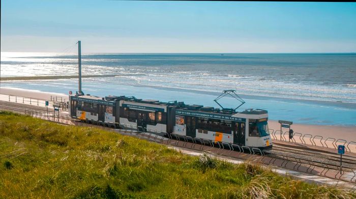 The coastal tram in Belgium travels along the picturesque shoreline.