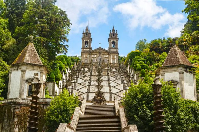 Intricate stairways ascend to a church in Portugal.