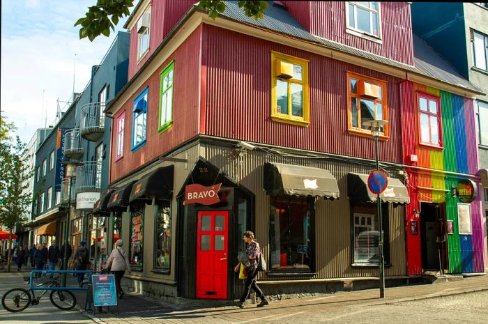 Vibrant facades of the Bravó bar and Kíkí Queer Bar in Reykjavík.