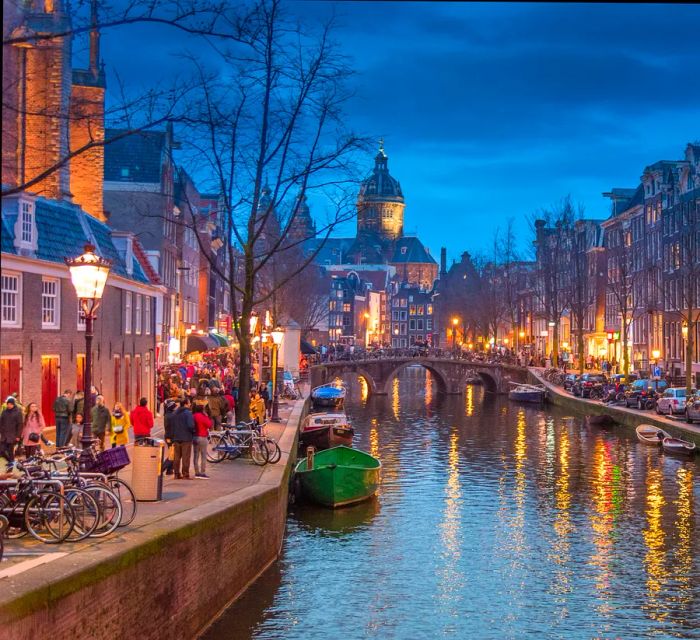 Panoramic view of Amsterdam's Red Light District in North Holland, Netherlands.