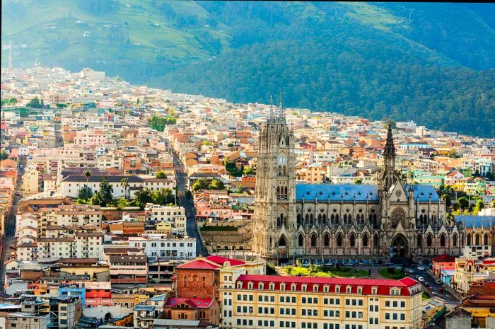 The Basilica of the National Vow, nestled in Quito's Old Town, Ecuador.