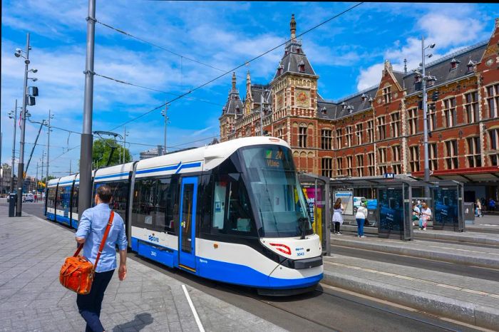 A GVB tram at the square near Centraal Station, Amsterdam, Netherlands