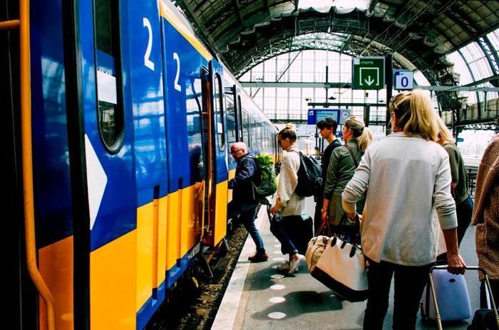 Travelers with luggage boarding a train.