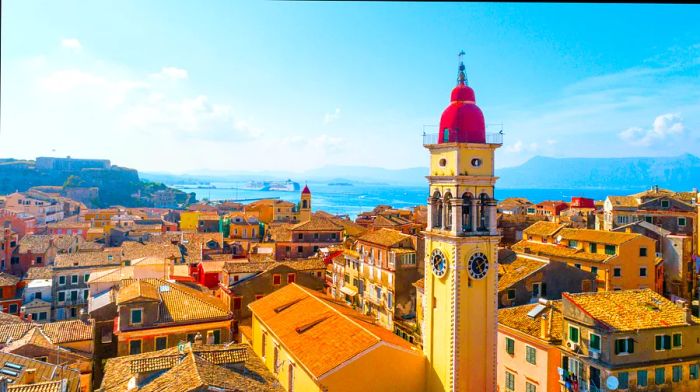 The rooftops of a densely packed coastal city