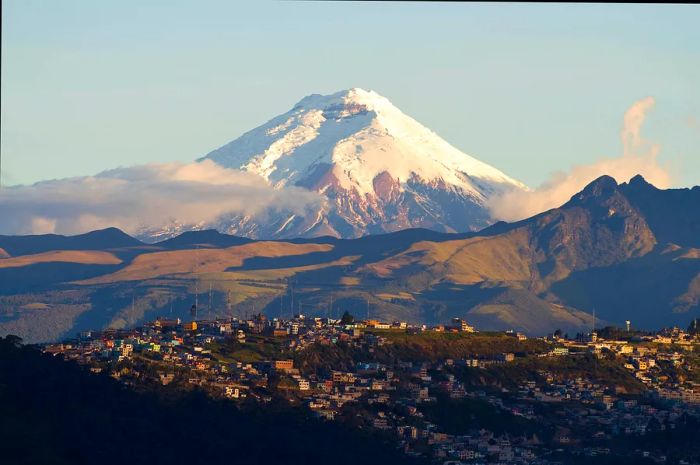 A stunning view of Cotopaxi volcano in Ecuador, with its summit blanketed in snow