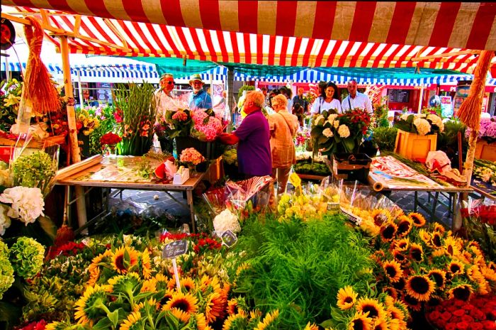 Vibrant flowers at the Marché aux Fleurs Cours Saleya, a popular market in the Old Town of Nice, Côte d’Azur, France