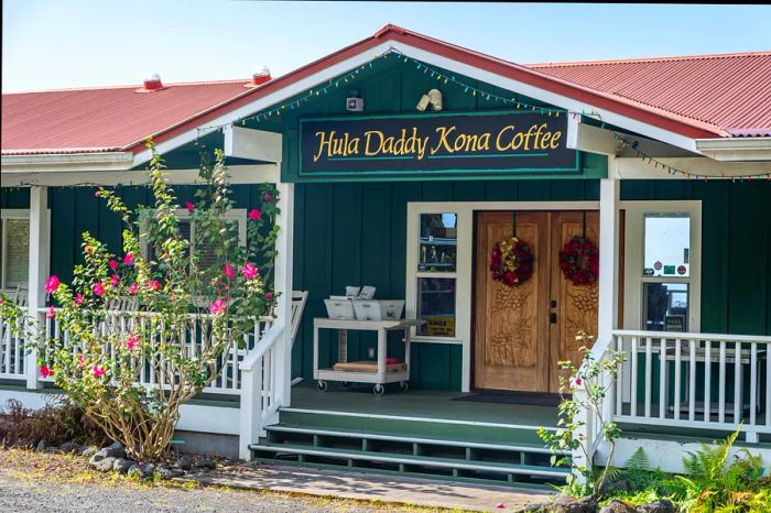 A glimpse of the entrance to the Hula Daddy coffee plantation shop