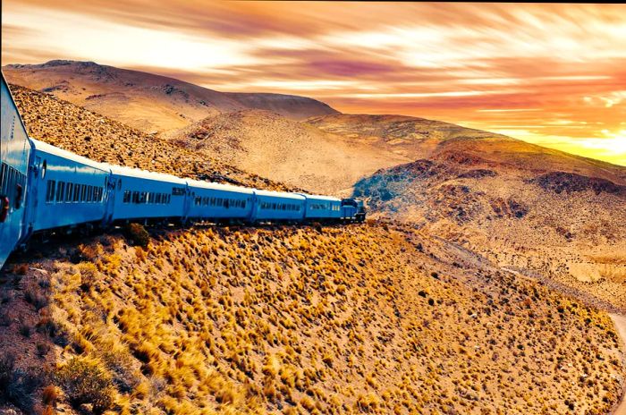 A train journeys through a desert-like landscape in Salta as the sun sets.