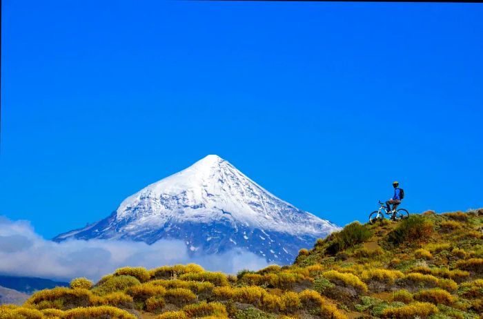 A mountain biker takes a break on a hillside, gazing towards a distant snow-capped peak in Argentina.