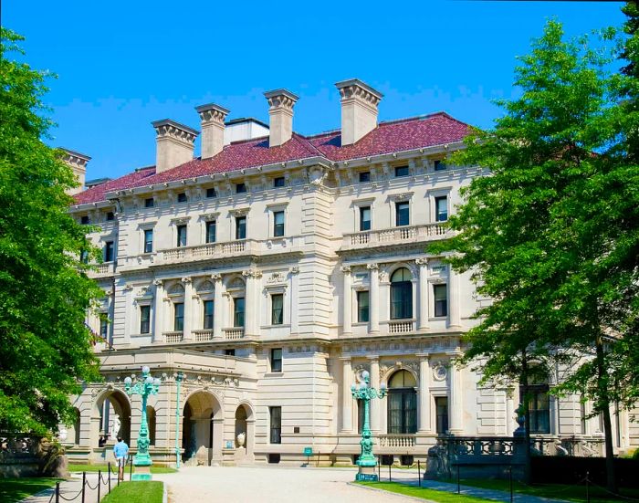 A sunny exterior view of the Breakers Mansion