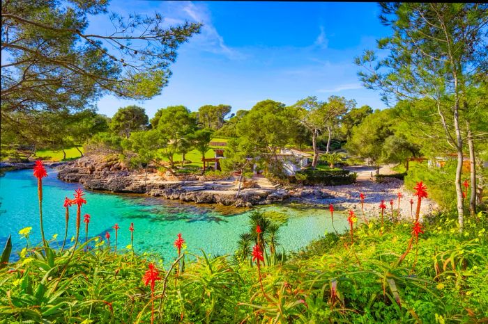 A quaint, hidden cove surrounded by rocky landscapes