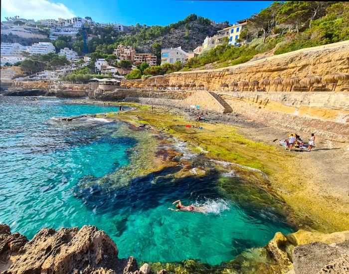 A swimmer sets off from a rocky cove into the open sea