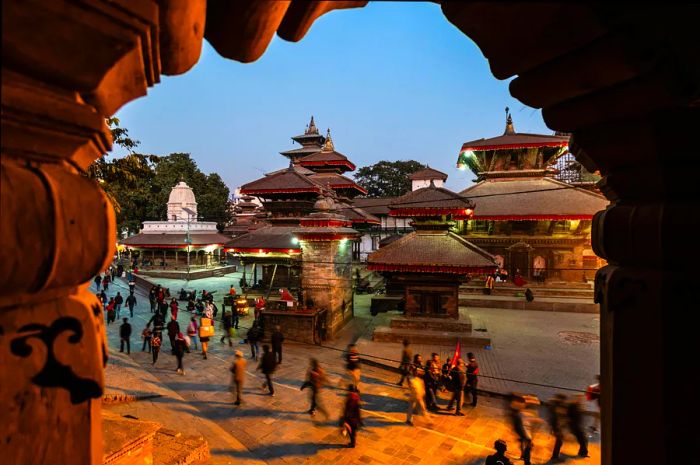 Crowds bustle through Durbar Square in Kathmandu, Nepal