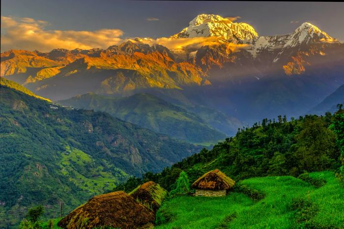 View of Annapurna South from Tolka village at dawn, Nepal