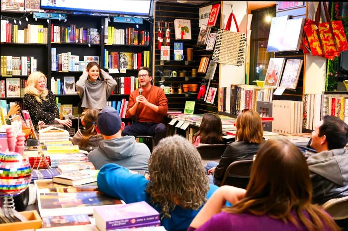 Authors share their thoughts during a reading at Book Soup, West Hollywood, California, USA