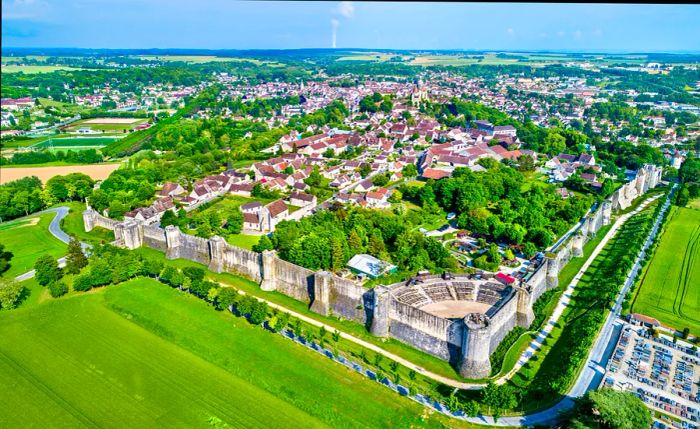 An aerial view of Provins, known for its medieval fairs and recognized as a UNESCO World Heritage Site.