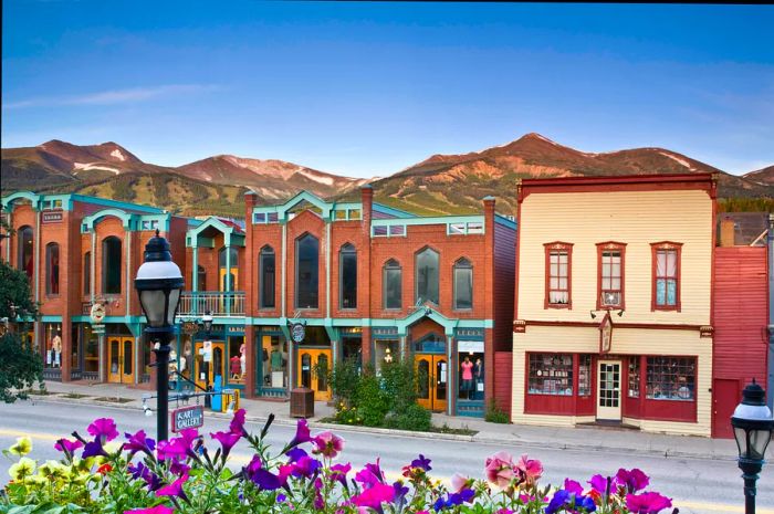 The charming brick buildings of Main Street, Breckenridge, framed by wildflowers in the foreground and majestic mountains in the background.