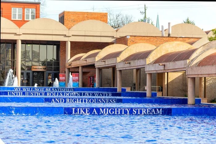 A water feature displaying excerpts from Martin Luther King Jr.’s writings at the Martin Luther King Jr. National Historic Site, Atlanta, Georgia, USA