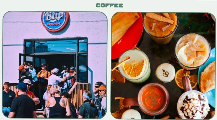 L: Line forming outside Blip Coffee. R: Selection of creamy iced coffees