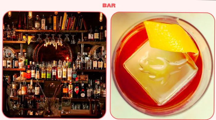 A well-stocked bar in Kansas City alongside a close-up of a negroni cocktail