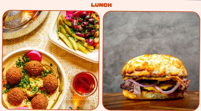 L: Mezze platter. R: Meat sandwich with melted cheese