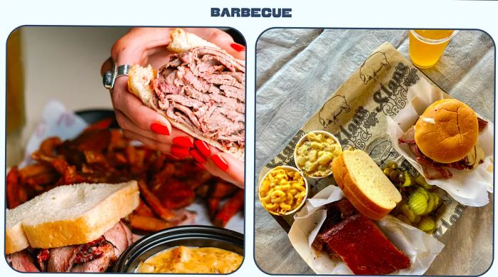 Kansas City BBQ featuring mac and cheese, meaty sandwiches, and refreshing drinks