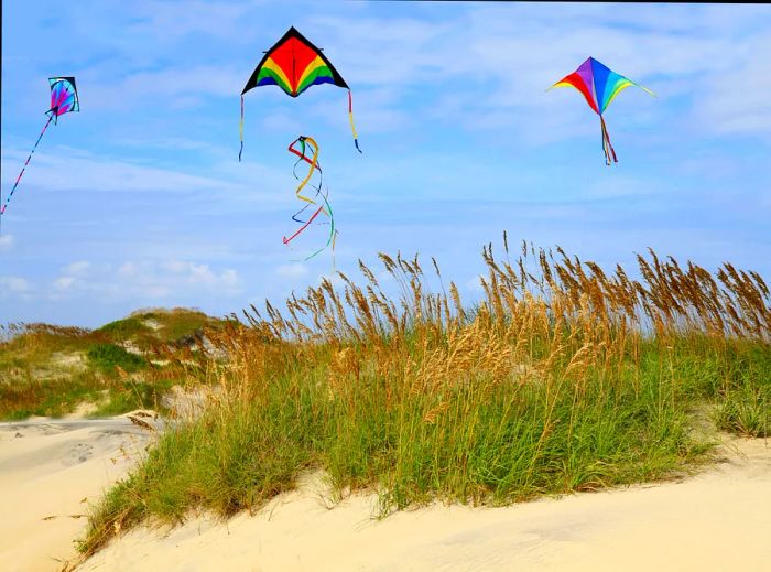 Three vibrant kites soar above sandy dunes adorned with grass