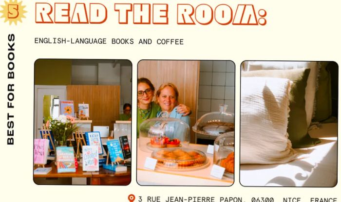 The cheerful owners of a French bookstore showcasing their offerings, including books, pastries, and cushions.