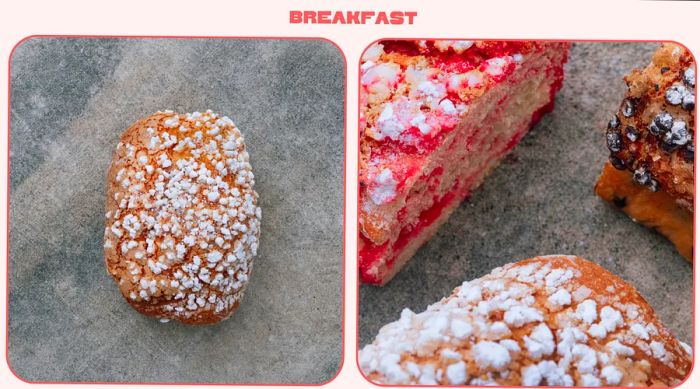 Pink brioche adorned with icing sugar sprinkles