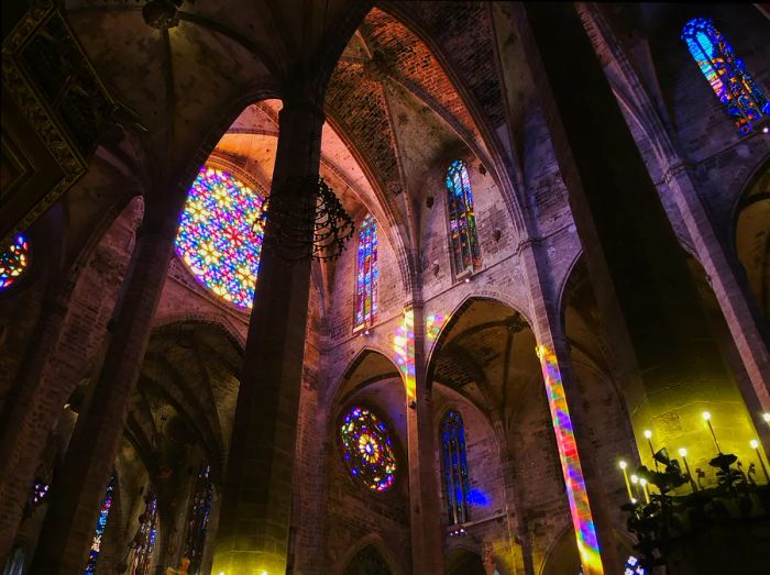 The rose window viewed from inside Palma de Mallorca's Gothic cathedral