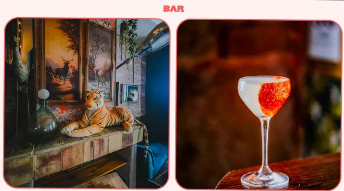 L: A stuffed tiger perched above the fireplace. R: Spicy margarita cocktail