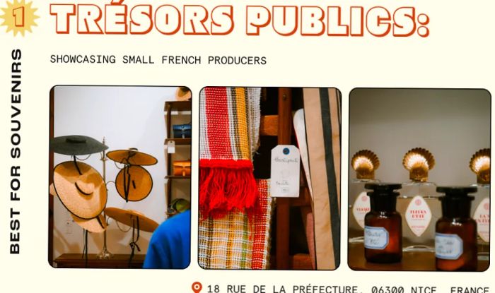 A French boutique featuring hats, woven blankets, and vintage perfume bottles on display.