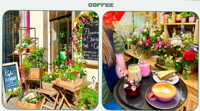 L: Cafe exterior adorned with flowers. R: Waiter presenting a plate of iced coffees