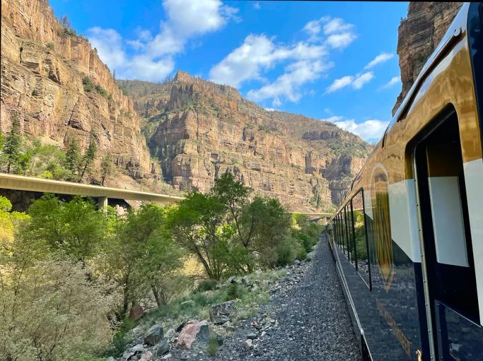 A breathtaking view of a deep canyon from the train window