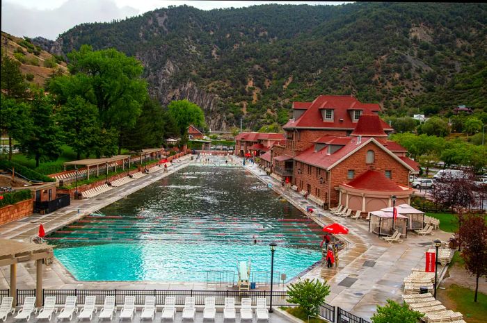 A large pool nestled among the mountains