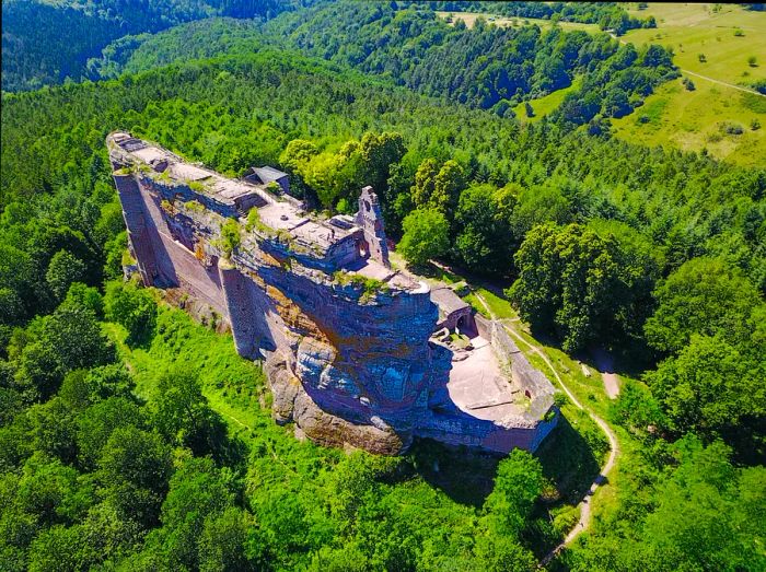 Aerial view of Fleckenstein Castle nestled in the heart of the Alsace forest, France